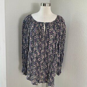 Chaps Womens Plus 2X Floral Blouse Crinkle Boho Long Sleeve Shirt Top